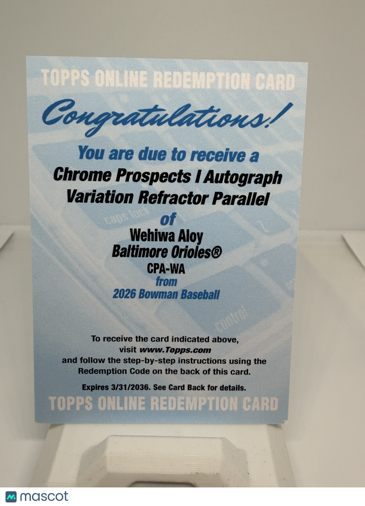 2026 Bowman Baseball Wehiwa Aloy #CPA-WA Refractor Auto REDEMPTION