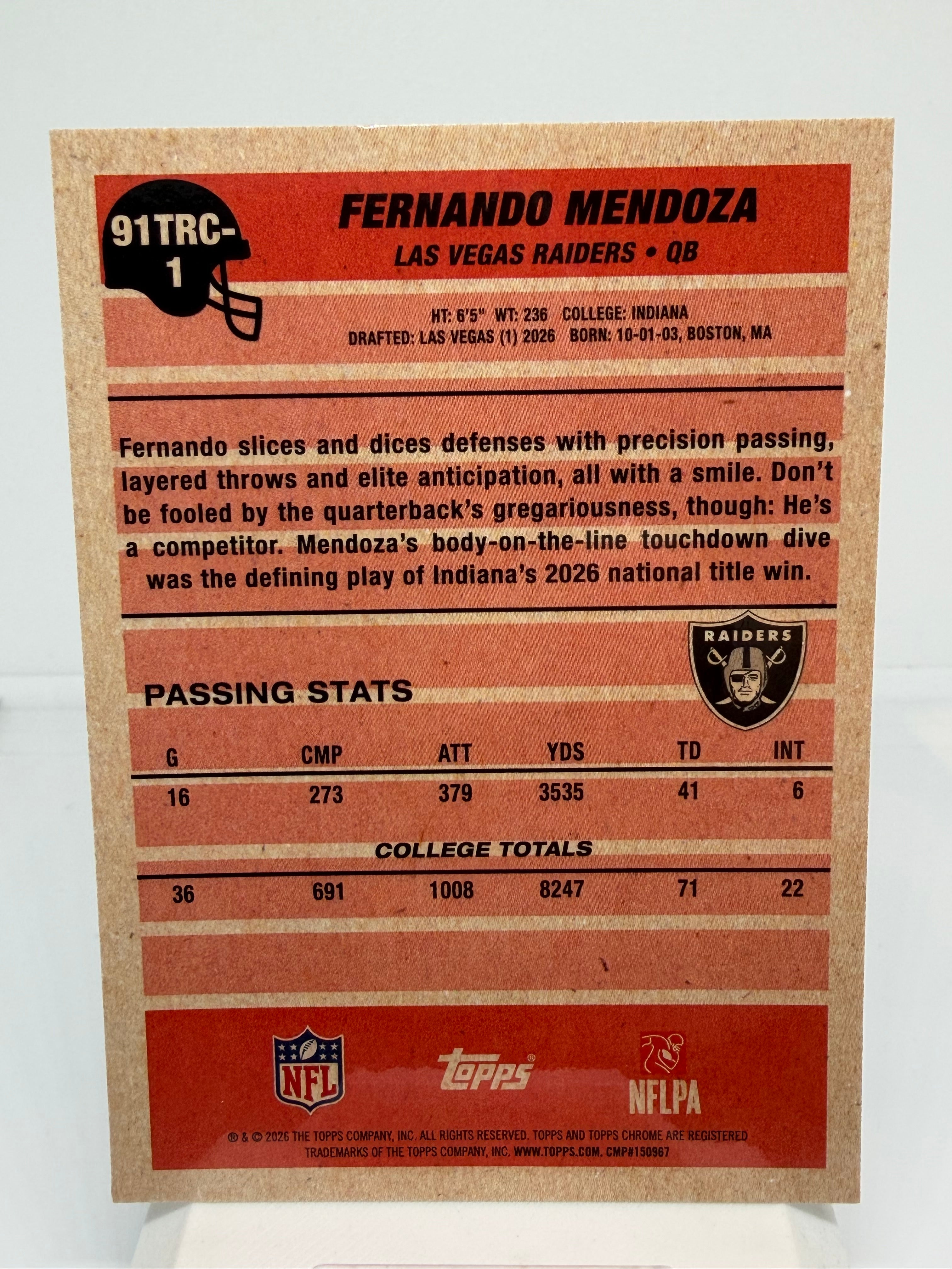 2026 Topps Chrome Fernando Mendoza #91TRC-1 Blue Mojo Refractor /150 RC