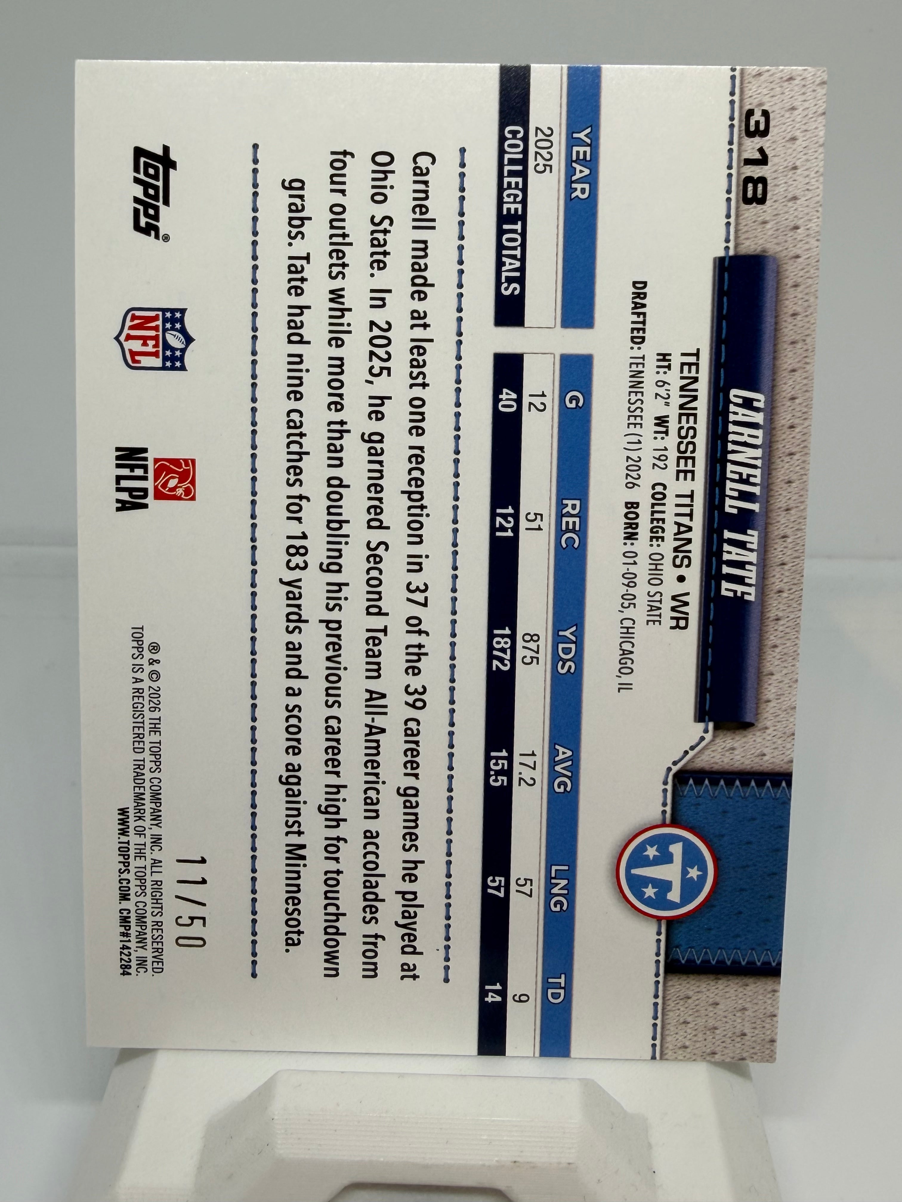 2026 Topps Carnell Tate #318 Gold Foil /50 RC