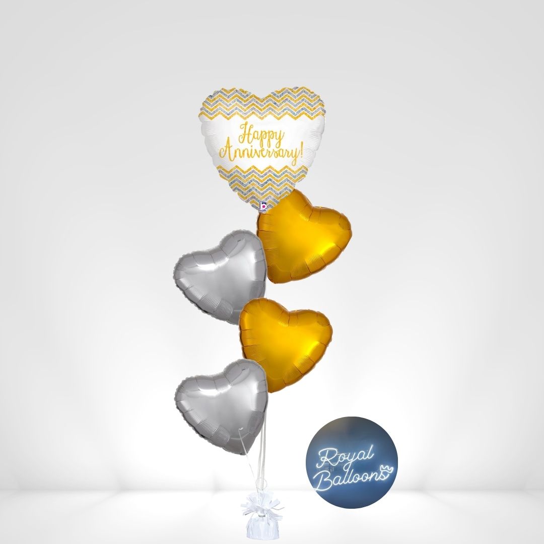 Happy Anniversary Gold & Silver Heart Balloon Bouquet