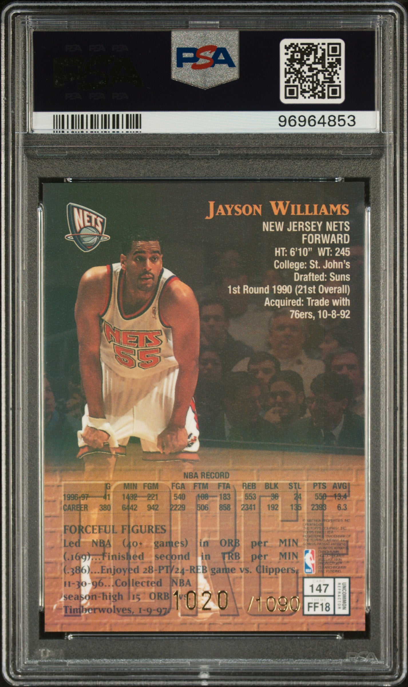 1997 Finest Jayson Williams #147 Refractor W Coating PSA 7