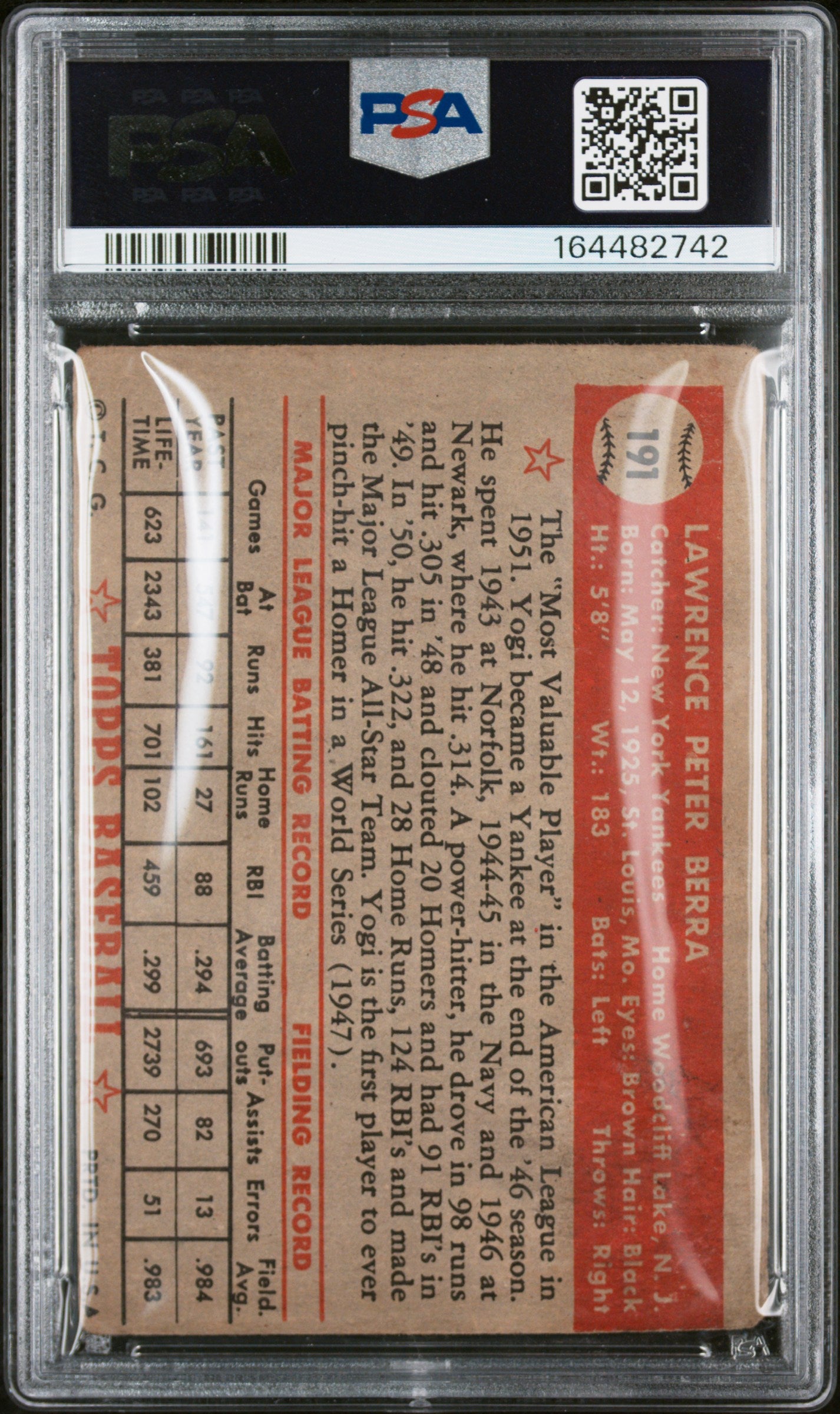 1952 Topps Yogi Berra #191 PSA 1