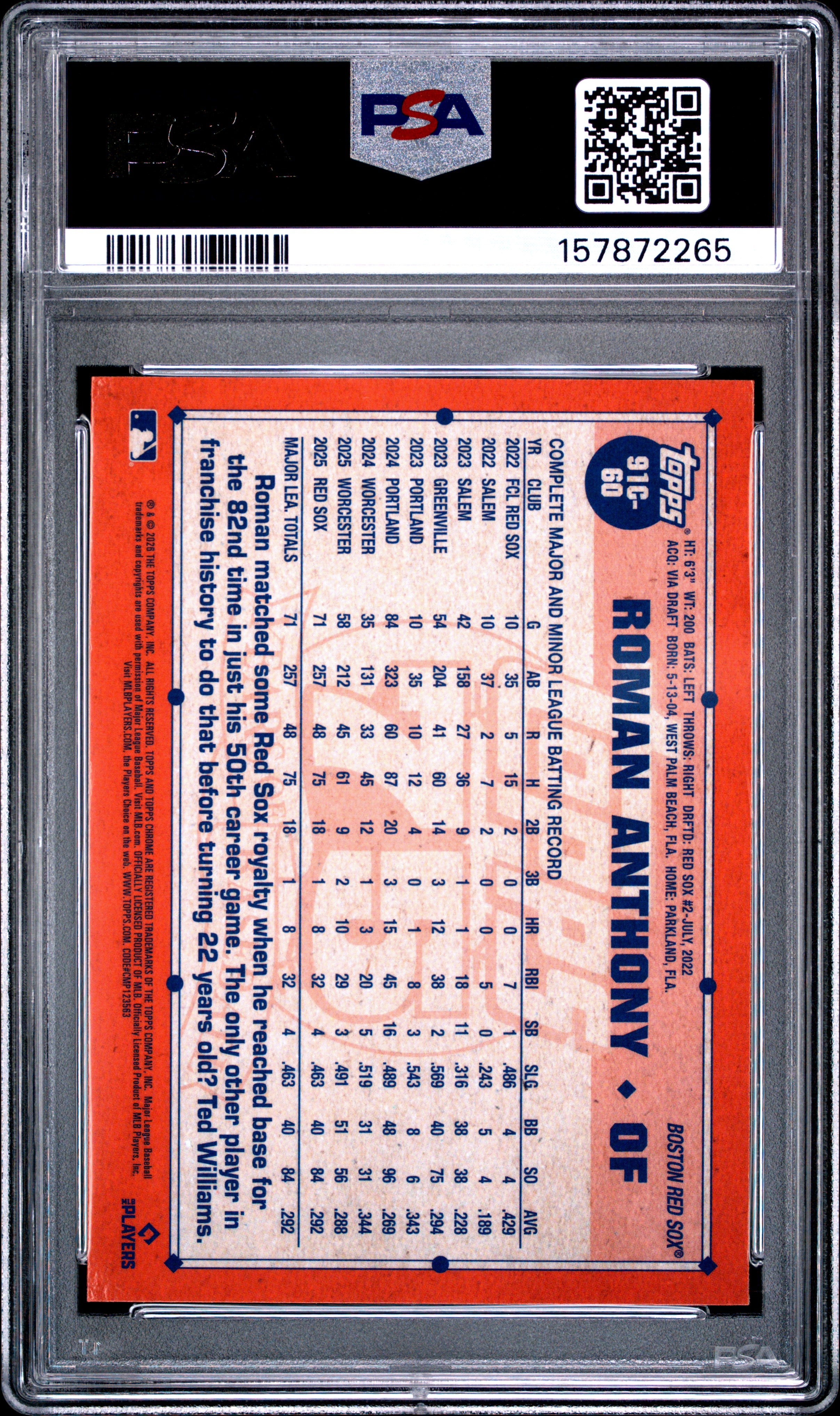 2026 Topps Silver Pack 1991 Chrome Promo Roman Anthony #91C-60 PSA 10